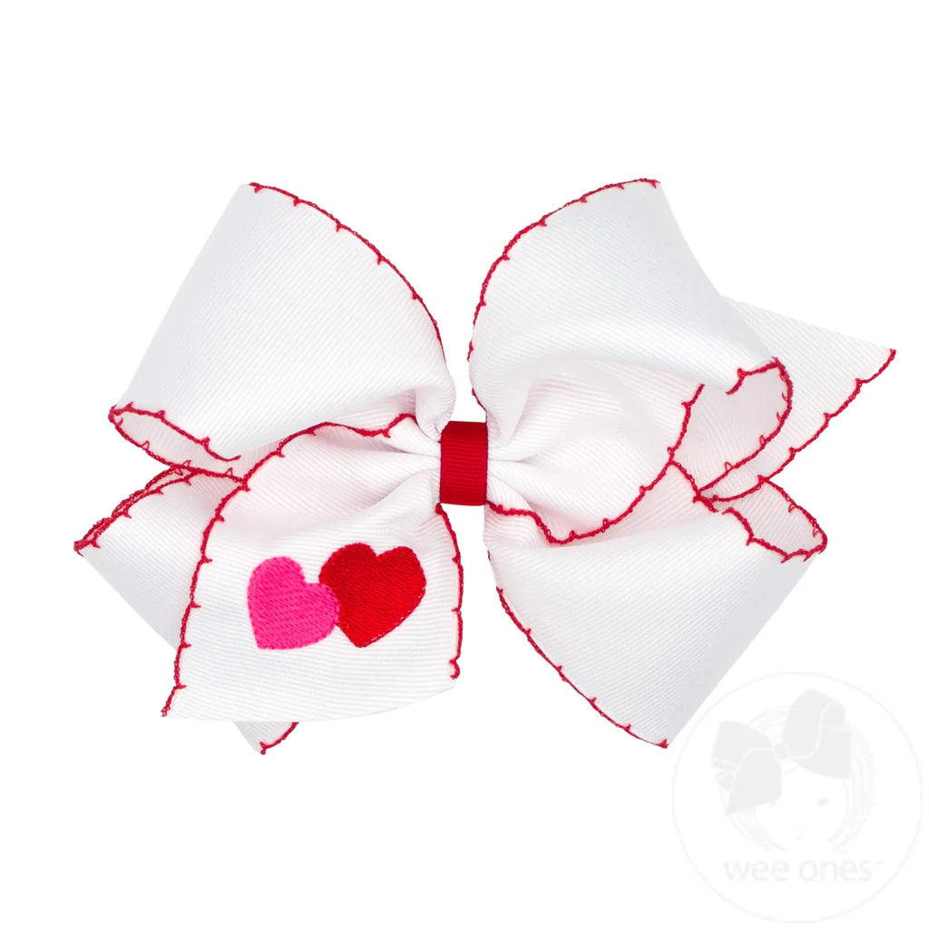 King Valentine Heart Embroidered Grosgrain Hair Bow with Moonstitch Edge