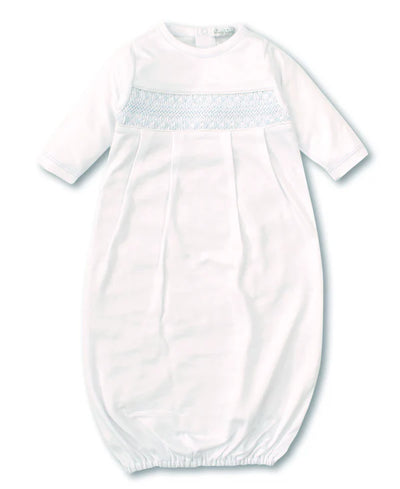 Hand Smocked CLB Charmed White/Blue Sack Gown