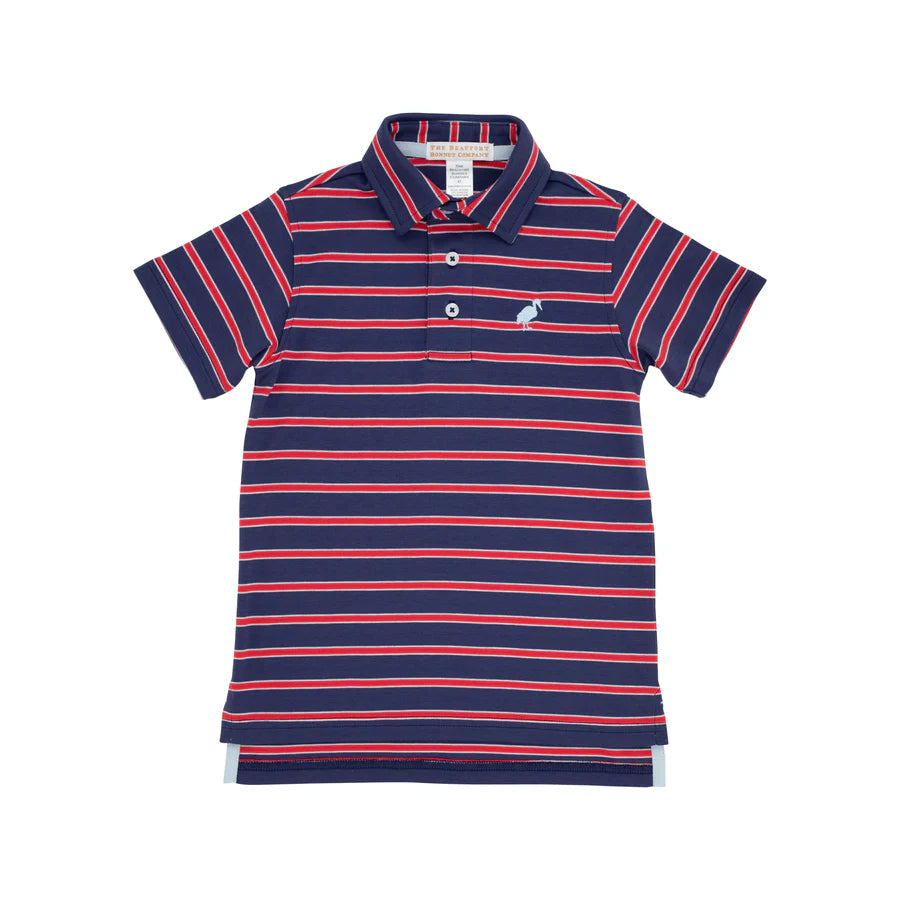 Prim & Proper Polo & Onesie - Richmond Red, Nantucket Navy, & Buckhead Blue Stripe With Buckhead Blue Stork