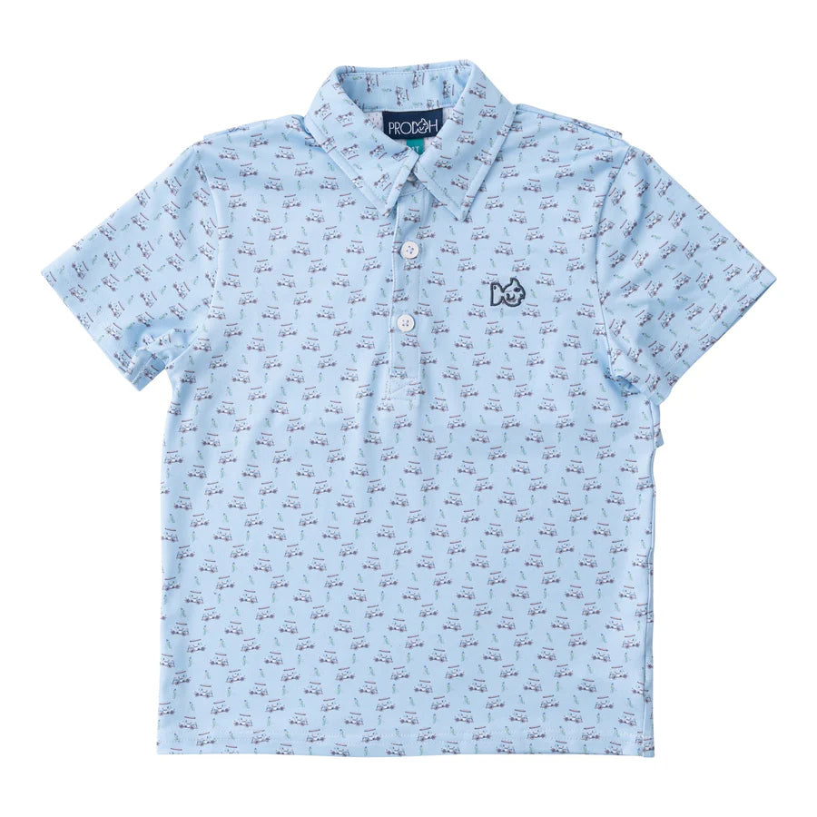 Boy's Short Sleeve Pro Performance Polo - Powder Blue Golf Cart Print